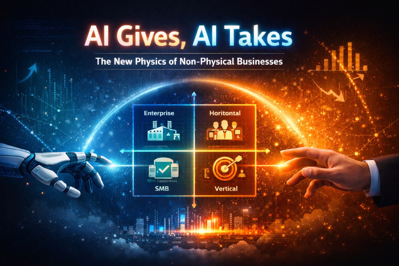A robotic hand reaching toward a human hand across a 2×2 matrix of business types — Enterprise, Horizontal, SMB, and Vertical — over a blue-to-orange field of rising and falling charts.
