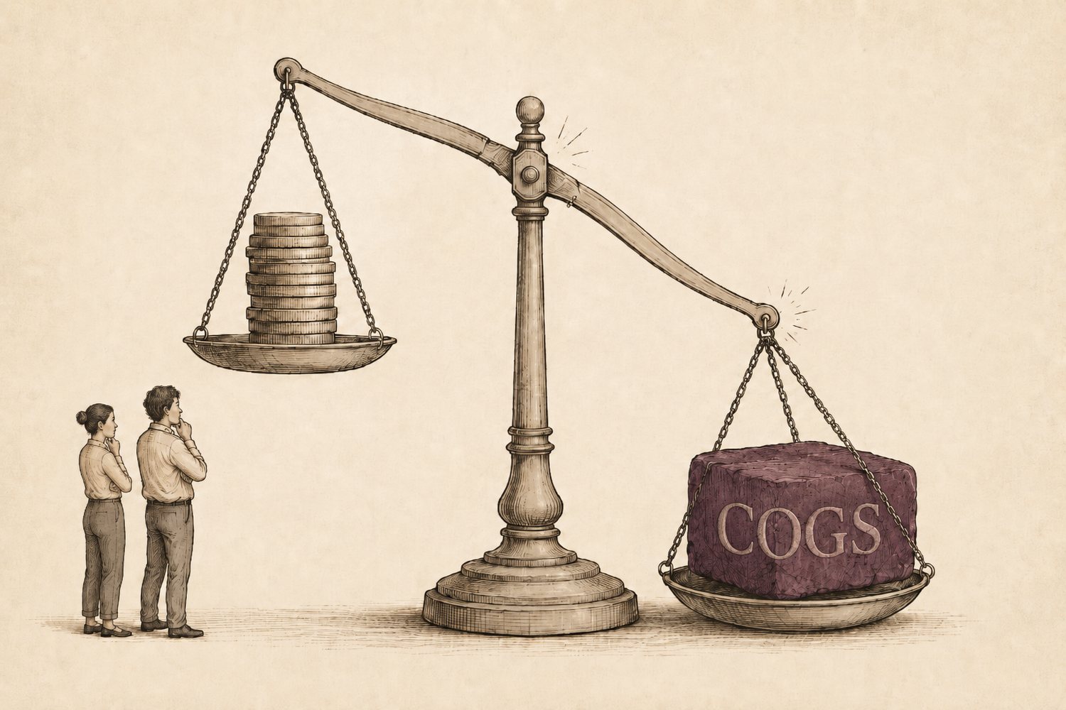 An editorial illustration of a brass balance scale. The left pan holds a tall stack of coins (revenue); the right pan holds a heavy dark-aubergine stone block carved with the word 'COGS', which has dropped down and tipped the beam steeply toward the cost side. Two small figures look on, hands to chins, weighing it up.