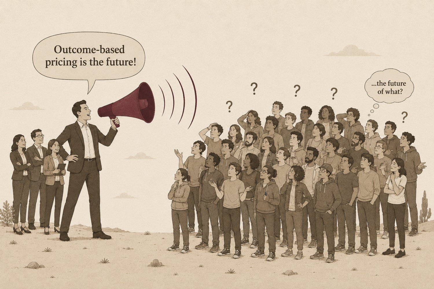 An editorial illustration. On the left, a confident figure in a suit shouts through an aubergine megaphone — a speech bubble declares 'Outcome-based pricing is the future!' — backed by a small group of approving colleagues. On the right, a large crowd of casual founders looks up baffled, scratching heads and gesturing, question marks floating above them and a thought bubble asking '…the future of what?'.