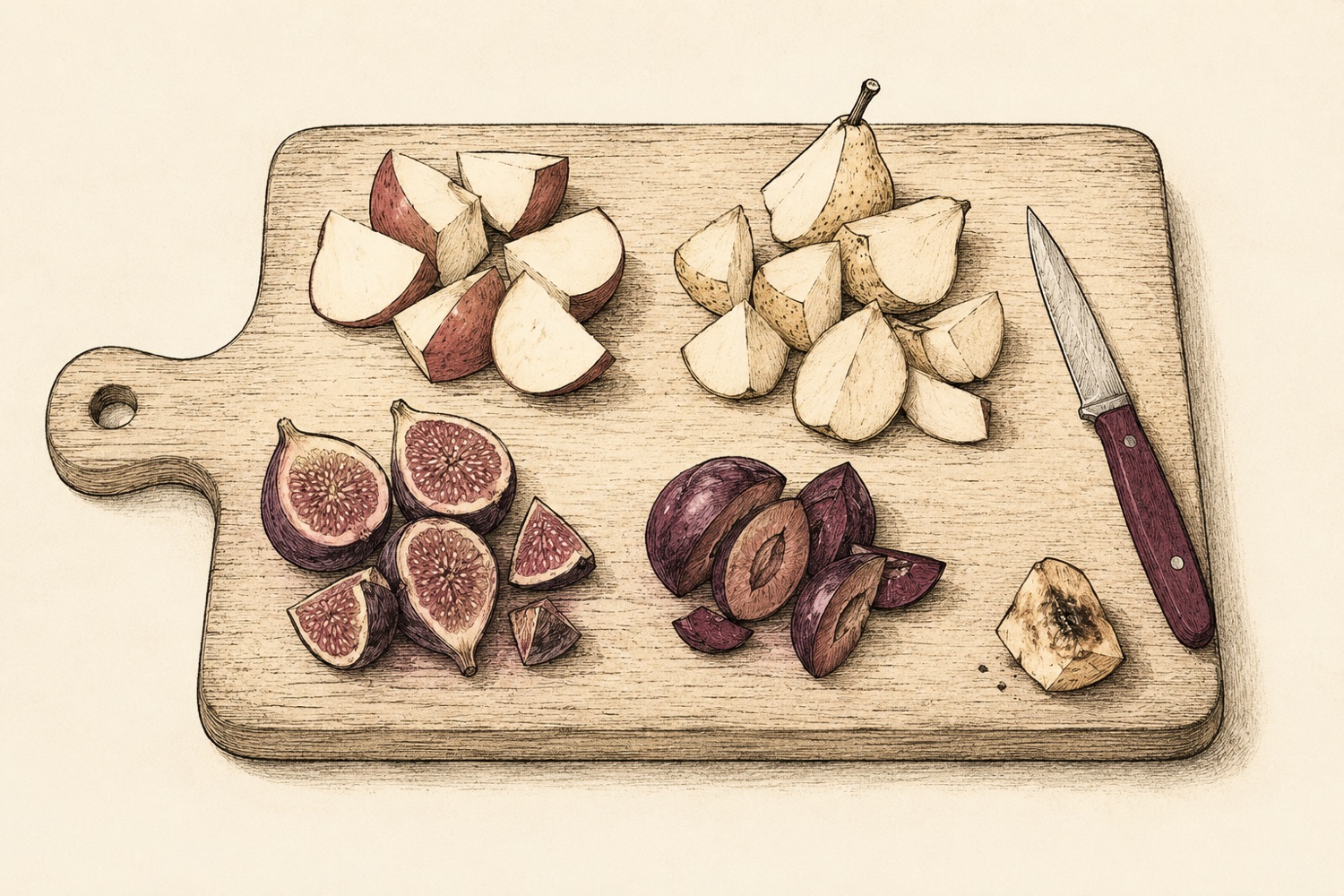 An overhead editorial illustration of a wooden chopping board: four kinds of fruit — apple, pear, figs, and plums — each chopped into pieces and gathered into separate clusters, with a small paring knife resting to one side and a single bruised piece set apart in the corner.