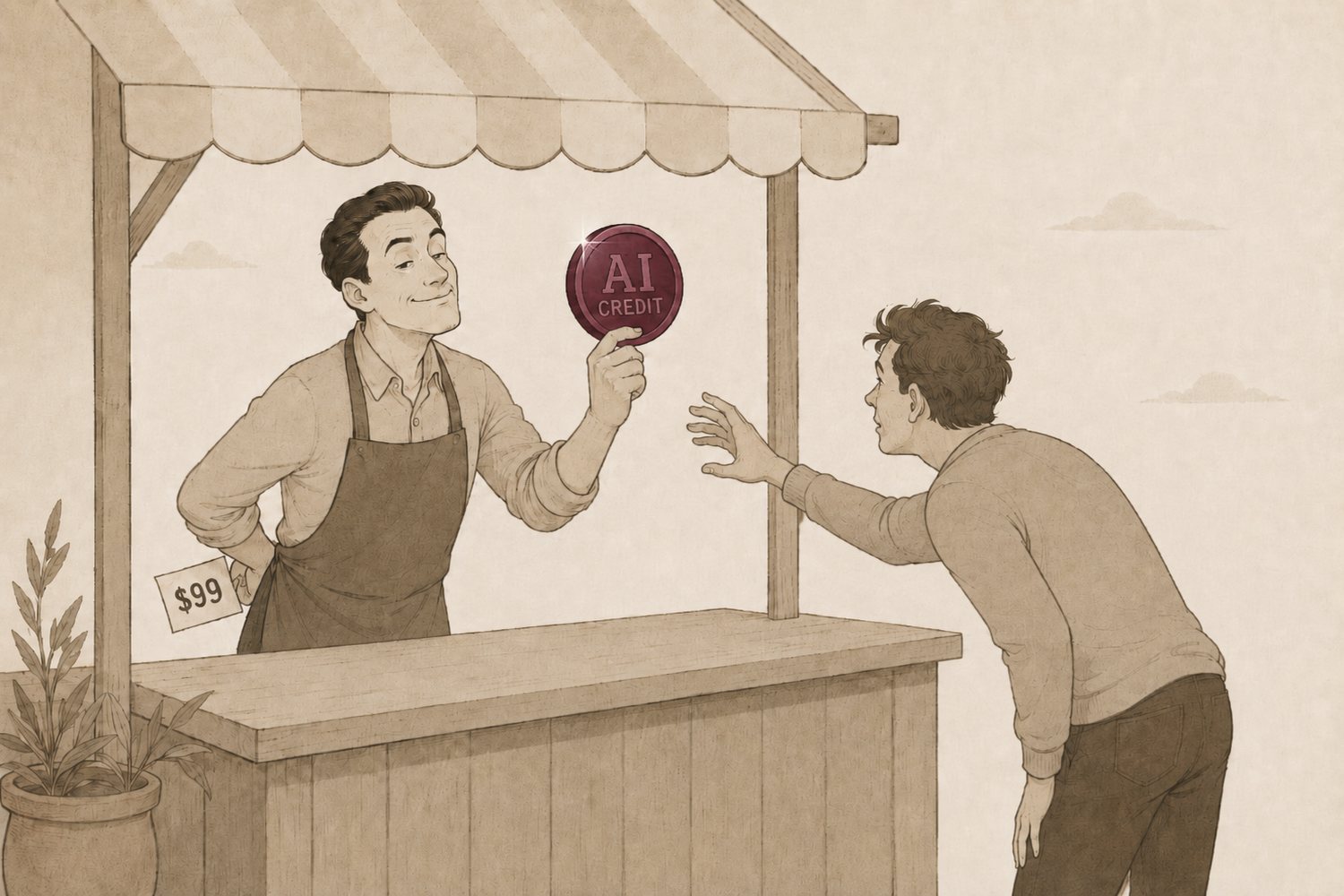An editorial illustration of a market stall. The apron-wearing vendor smiles slyly while holding up a shiny aubergine coin stamped 'AI CREDIT' toward an eager customer — and keeps the real price tag, reading '$99', tucked behind his back. The shiny credit is shown; the price is hidden.