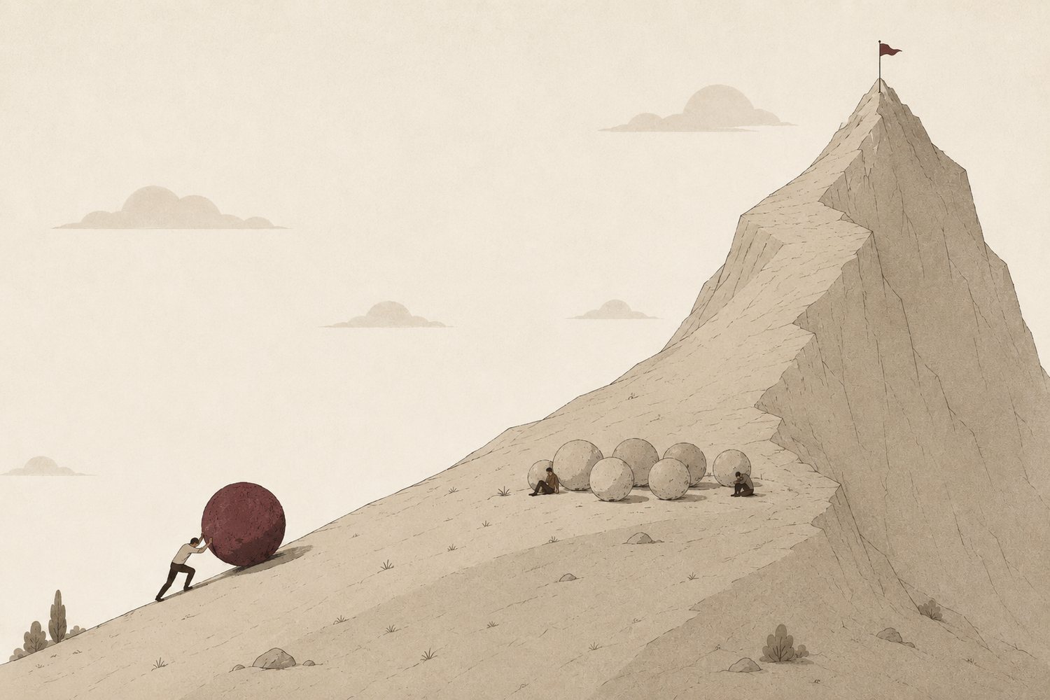 An editorial illustration of a single figure straining to push a large aubergine boulder up a hillside. On the shoulder above, a cluster of grey boulders sits abandoned, with two slumped figures resting among them. Beyond, the mountain rears into a steep peak topped by a small flag — the summit almost no one reaches.
