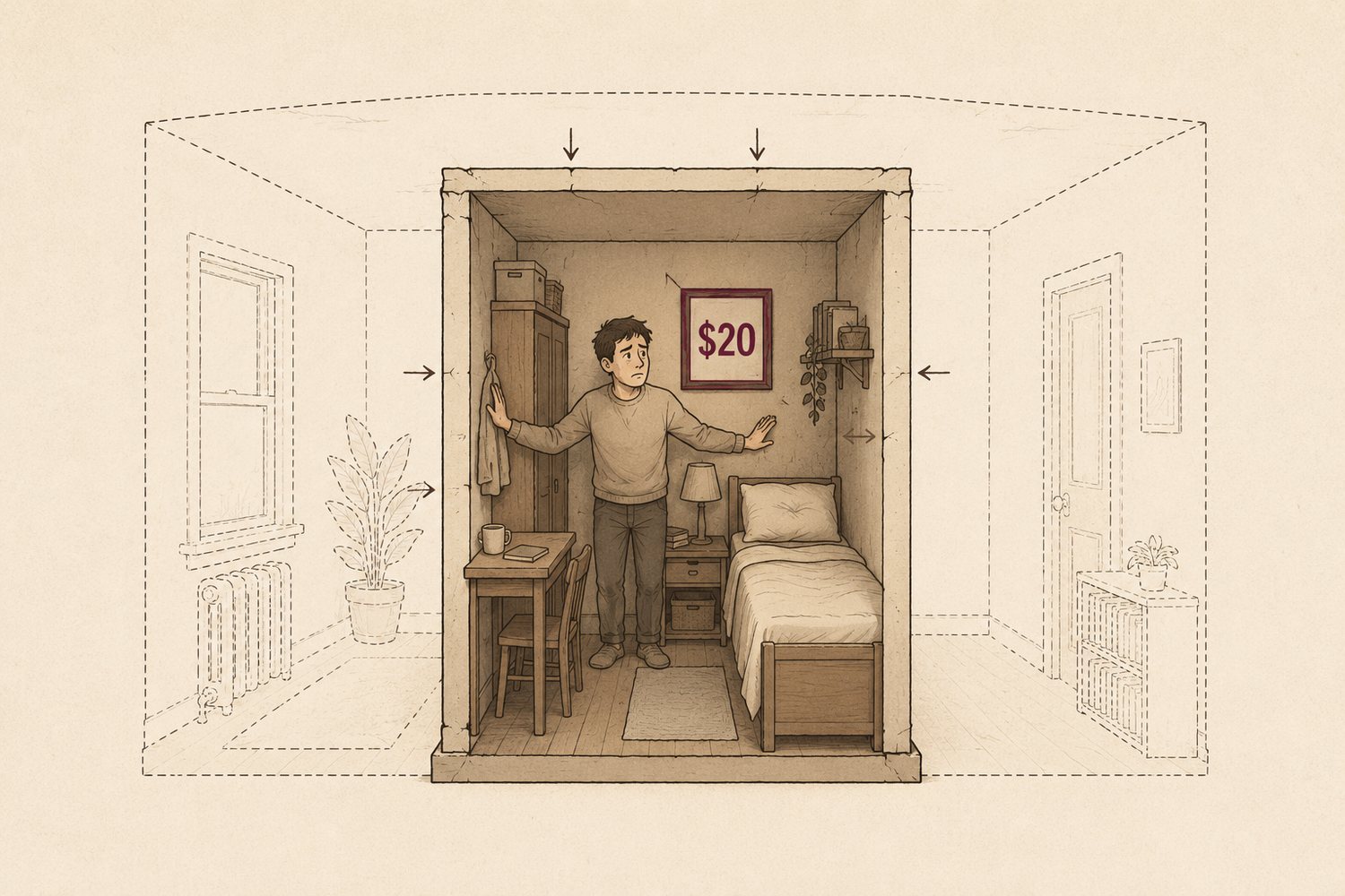 An editorial illustration of a cutaway apartment. A dashed outline shows the room's original, larger size; the solid walls have been squeezed far inward, with arrows pressing them in, into a cramped box where a dismayed tenant stands arms-out against both walls amid crammed furniture. A framed '$20' notice on the wall is unchanged — the same price, a shrinking space.