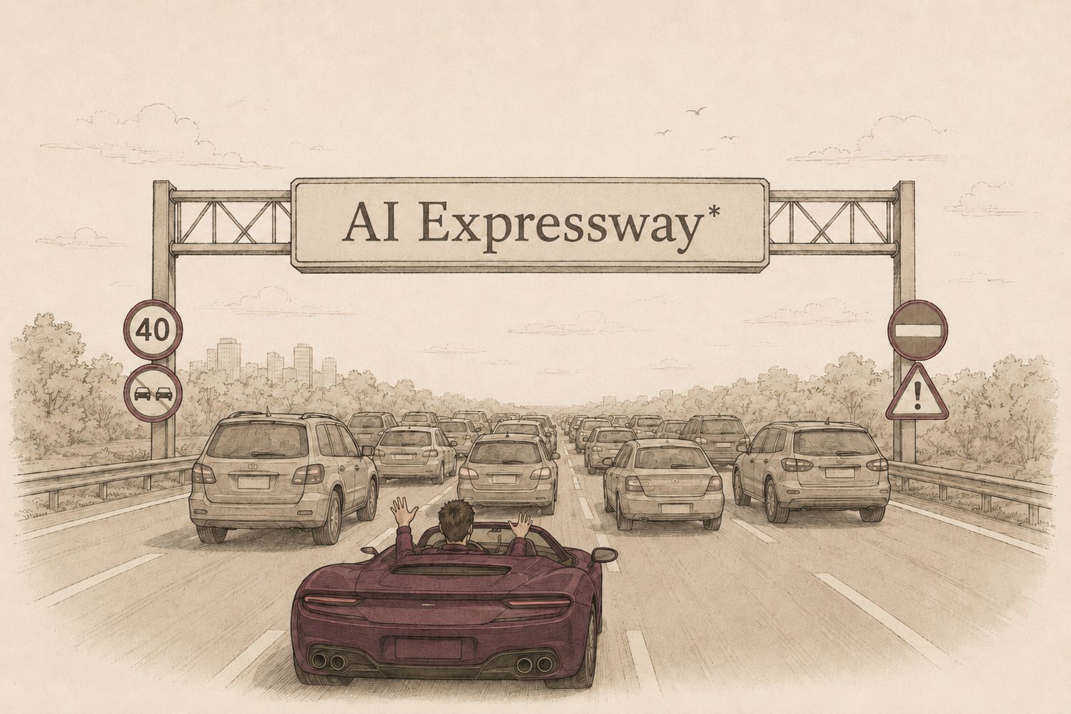 An editorial illustration of a highway. An overhead gantry sign reads 'AI Expressway*'. The lanes below are jammed bumper-to-bumper with ordinary cars, hemmed in by roadside regulatory signs — a '40' speed limit, no-overtaking, no-entry, and a warning. In the foreground a low aubergine supercar is stuck in the traffic, its driver throwing both hands up in frustration.