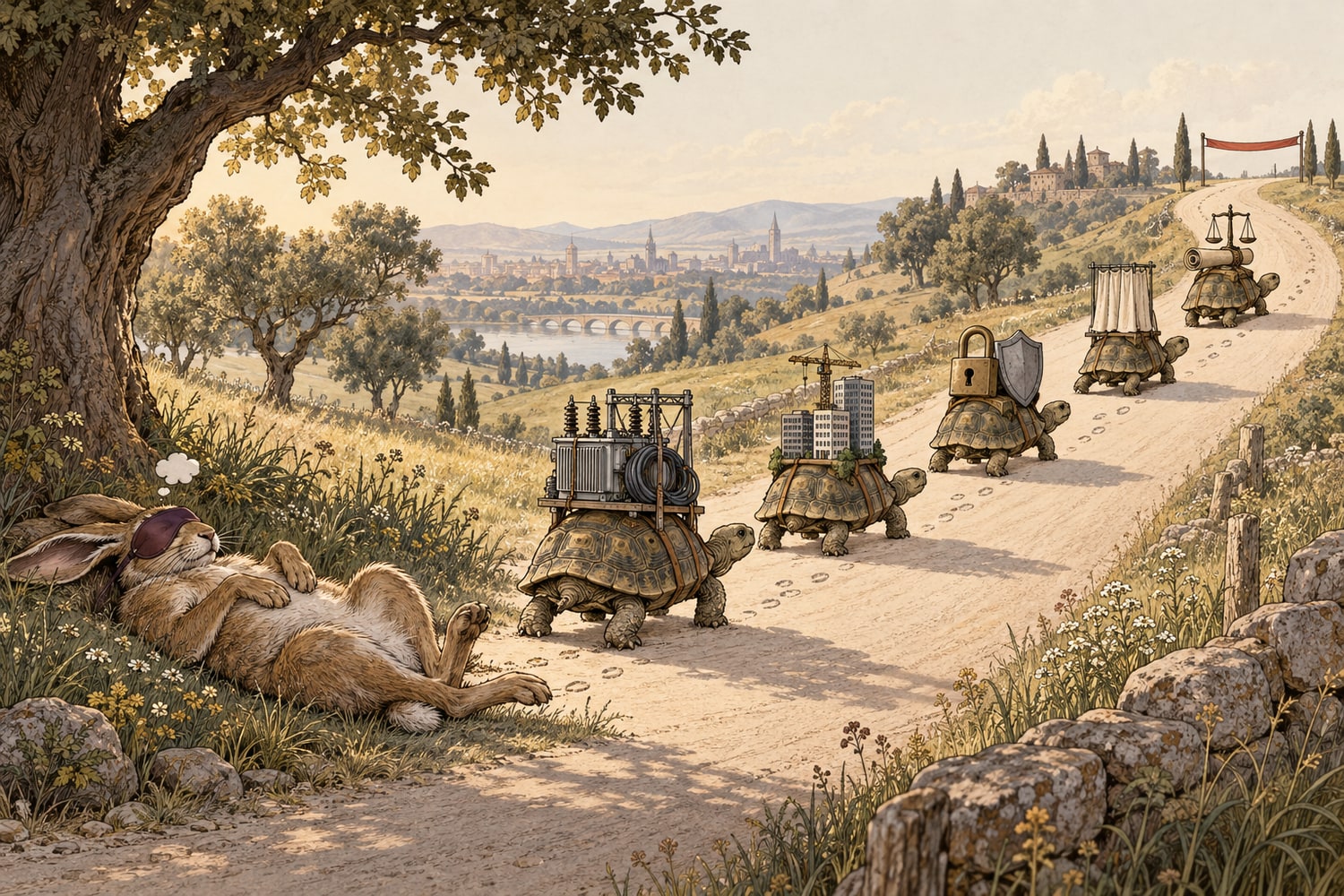 A retelling of the Hare and the Tortoise as a warm ink-and-cream illustration: a large hare in an aubergine sleep mask lies asleep under a tree beside a country road, while five tortoises plod past it toward a distant finish ribbon, each carrying a load on its shell: an electrical substation with coiled cable, a cluster of office buildings with a crane, a padlock and shield, a drawn curtain, and a scroll with balancing scales.